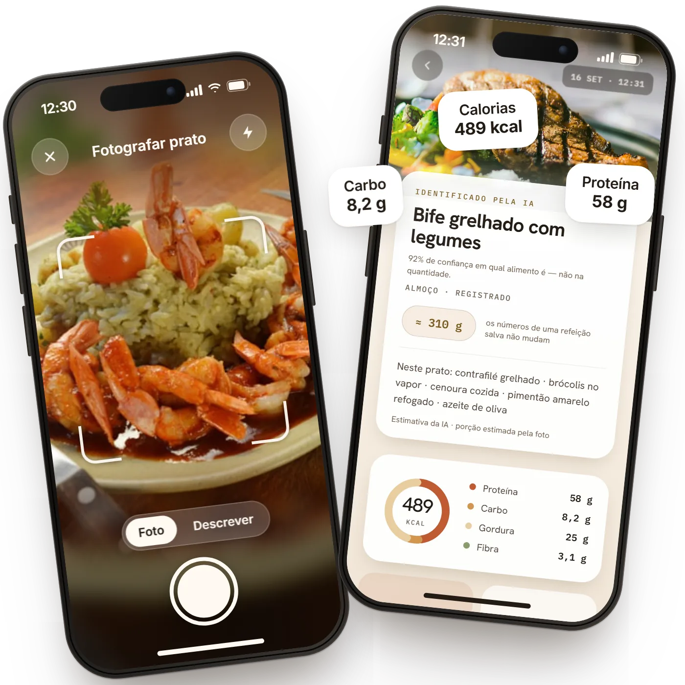 Dois celulares com o Calju: à esquerda, a câmera mirando um prato de arroz com camarão; à direita, o resultado de um bife grelhado com legumes, com 489 kcal, 58 g de proteína e 8,2 g de carboidrato